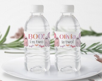 Boo I'm Two Water Bottle Label, Pink Ghost 2nd Birthday (Editable Template)