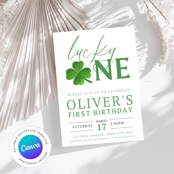 Editable Lucky One Birthday Invitation, St Patricks Day 1st Birthday, Shamrock Birthday Party, Lucky One First Birthday Invitation