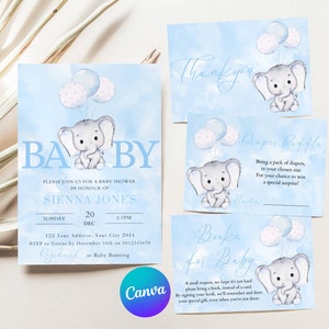 Baby Shower editable invita a niño elefante, conjunto de invitación de baby shower de elefante, invitación de baby shower de elefante digital, plantilla editable