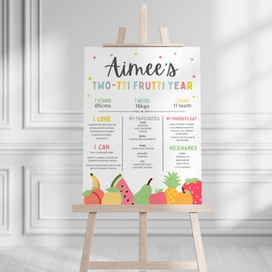 May include: A colorful printable chart for a child's second birthday. The chart is decorated with fruit illustrations and includes information about the child's height, weight, and other milestones. The chart says "Aimee's Two-Tti Frutti Year".