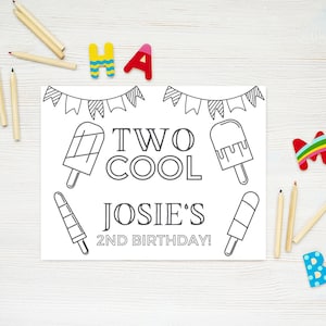 Due fantastici posizionamenti da colorare per ghiaccioli, pagina di attività modificabile per la festa estiva arcobaleno della ragazza del 2° compleanno, Canva fai da te, download istantaneo, #TCP2