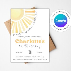 Editable First Trip Around The Sun Birthday Invite, Sun 1st Birthday Invitation, Birthday Invite Girl, Birthday Invite Boy, Editable Invite