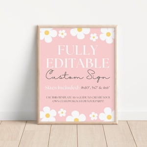 Two Groovy Custom Sign Template, Retro Pink Daisy Second Birthday Favor Sign, Editable 70s Groovy Floral Hippie Birthday Party Decor, #TG2