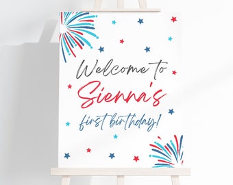 4th of July First Birthday Welcome Sign, Fireworks, Red White and Blue (Instant Download)