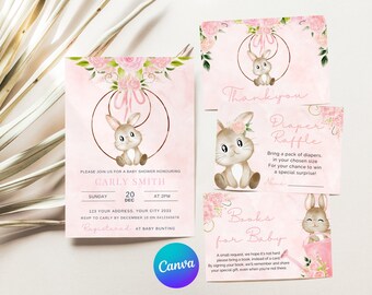 Editable Bunny Baby Shower Invitation Girl, Bunny Baby Shower Invitation Set, Floral Girl Bunny Shower, Editable Invitation Template