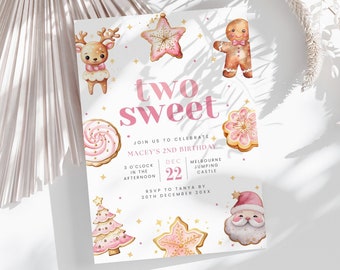 Two Sweet Christmas 2nd Birthday Invitation: Pink Cookies (Editable Template)