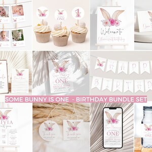 Some Bunny Is One Birthday Bundle Template Set, Bunny First Birthday Invitation Bundle,  Bunny 1st Birthday Decor Kit, Editable Templates