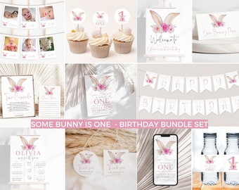 Bunny First Birthday Invitation Bundle, Editable Templates
