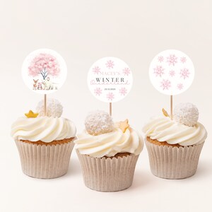 Winter Onederland Cupcake Toppers, Editable Girl Pink Winter 1st Birthday Cupcake Toppers Template, DIY Canva, Instant Download, #AAP1