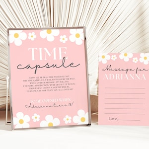 Editable Two Groovy 2nd Birthday Party Time Capsule Sign And Note Card, Pink Retro Daisy 70s Birthday Theme Sign, Instant Download, #TG2