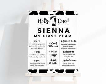 Cow 1st Birthday Milestone Board, Black & White Poster (Editable)