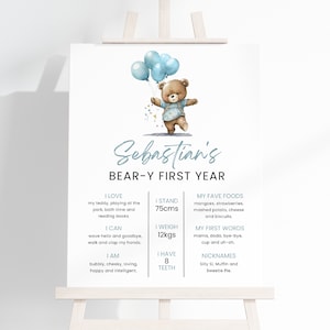 Beary First Birthday Milestone Poster, Teddy Bear 1st Birthday Editable Milestone Sign Template, Printable Bear Birthday Party Decor, #BFB