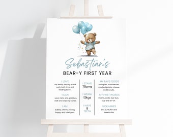Teddy Bear 1st Birthday Milestone Poster, Party Decor (Editable, Printable)