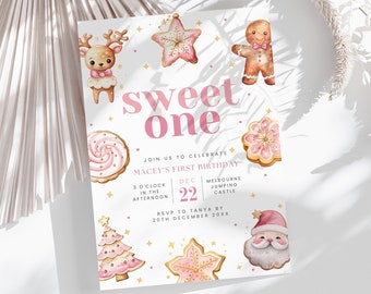 May include: A pink and gold Christmas-themed first birthday invitation with a gingerbread man, a reindeer, a Christmas tree, and a Santa Claus cookie. The invitation says "sweet one" and includes the date and time of the party.