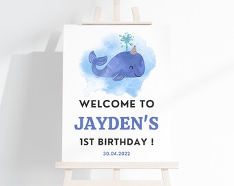 Whale 1st Birthday Welcome Sign, Ocean Theme (Digital Download)