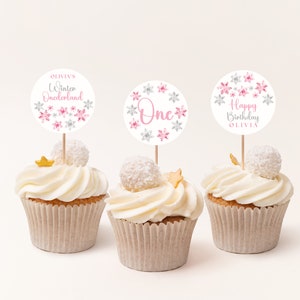 Winter Onederland Cupcake Toppers, Editable Pink And Silver Winter Christmas Snowflake 1st Birthday Cupcake Toppers Template, #WOP1