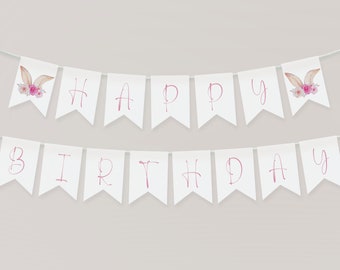 Bunny First Birthday Banner, Pink Floral Decor (Digital Download)