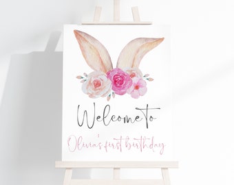 Bunny First Birthday Welcome Sign, Floral Girl Party (Printable Template)