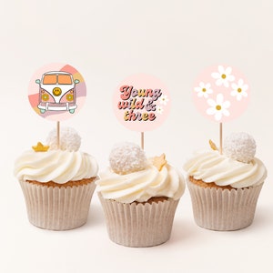 Young Wild And Three Cupcake Toppers, Girl 3rd Groovy Hippie Theme Birthday Editable Cupcake Toppers Canva Template, Instant Download, #YW3