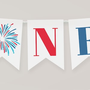 4th Of July First Birthday High Chair Banner Template, Red White And Blue Fireworks 1st Birthday Party Decor, Instant Download, #4JUL