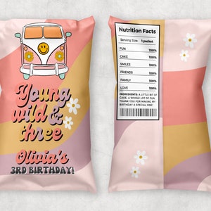 Junge wilde und drei Chip Tasche Gastgeschenke, Mädchen 3rd Groovy Hippie Thema Geburtstag bearbeitbare Chip Tasche Canva Vorlage, sofortiger Download, #YW3