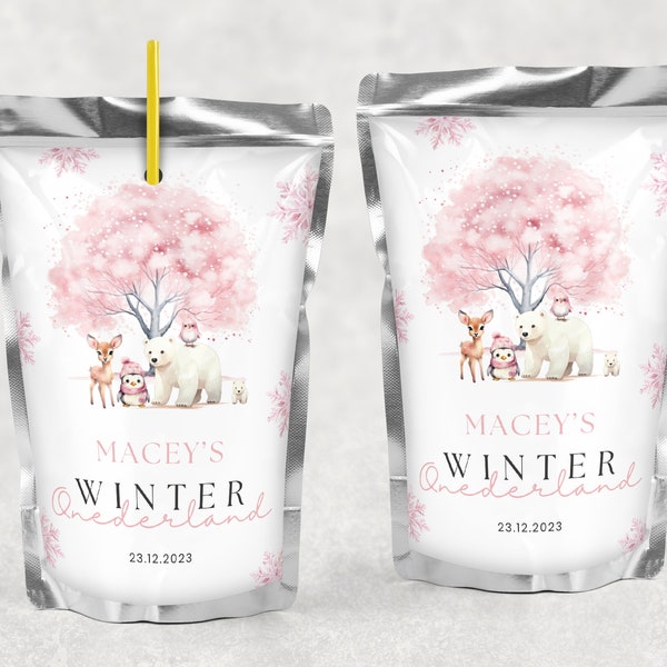 Winter Onederland Capri Sun Labels, Editable Girl Pink Winter 1st Birthday Juice Pouch Label Template, DIY Canva,  Instant Download, #AAP1