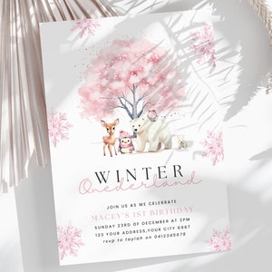 Winter Onederland Birthday Girl Invitations, Editable Pink Winter 1st Birthday Invite Template, Pink Christmas First Birthday Party, #AAP1