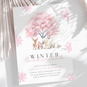 Winter Onederland Birthday Girl Invitations, Editable Pink Winter 1st Birthday Invite Template, Pink Christmas First Birthday Party, #AAP1