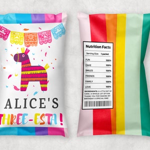 Three Esta Chip Bags, Editable Mexican 3rd Birthday Theme Party Favor, Cinco De Mayo Third Birthday Party Printable Template, #3TE