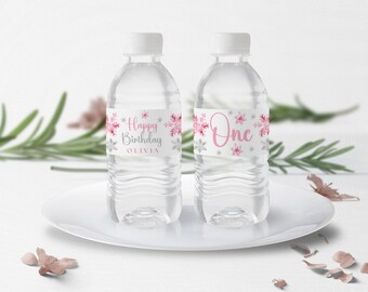 Winter Onederland Water Bottle Labels Template, Editable Pink And Silver Winter Christmas Snowflake 1st Birthday Party Favors, #WOP1