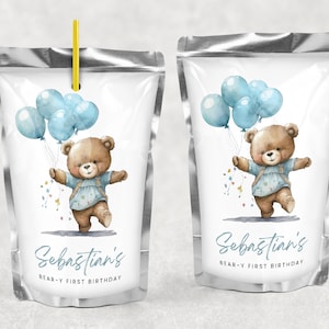 Teddy Bear First Birthday Capri Sun Label, Beary 1st Birthday Editable DIY Juice Pouch Label Template, Instant Canva Download, #BFB