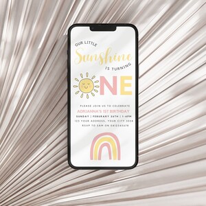 Our Little Sunshine Birthday Smartphone Invitation, Sunshine First Birthday Evite, Editable Sunshine 1st Birthday Text Invitation, #OLS