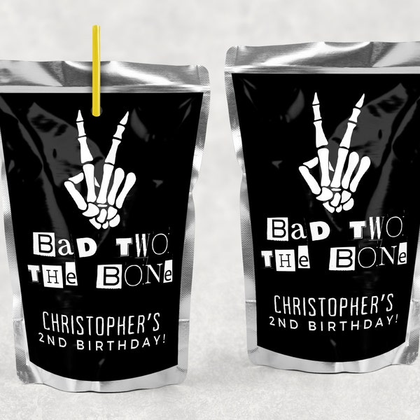 Bad Two The Bone Capri Sun Labels, Editable Boys 2nd Skeleton Halloween Birthday Party Favors Template, DIY Canva Instant Download, #B2TB