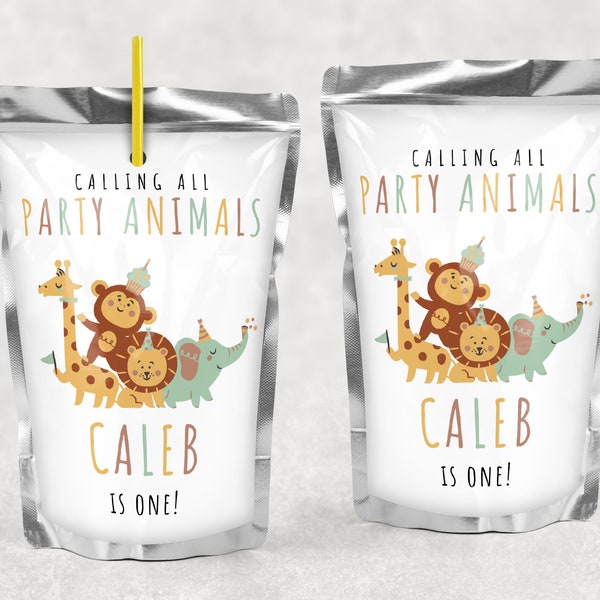 Party Animals Capri Sun Labels, Editable Wild One Zoo Safari Animals Capri Juice Pouch Label Template, DIY Canva Instant Download, #CAPA