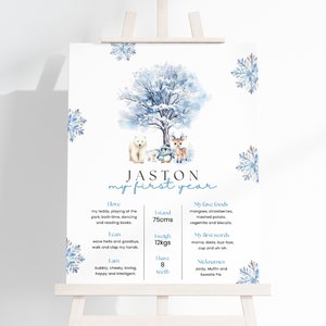 Winter Onederland Meilenstein Schild, bearbeitbare blaue Winter 1. Geburtstag Meilenstein Poster Vorlage, DIY Canva, Sofort Download, #AAB1