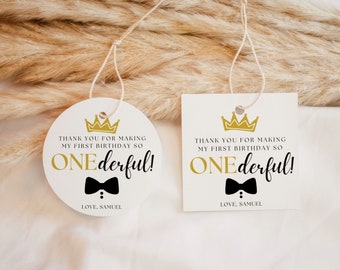 Editable Mr Onederful Favor Tag, First Birthday Boy Black And Gold Thank You Tags, Round and Square 1st Birthday Thank You Tag Template #MOF