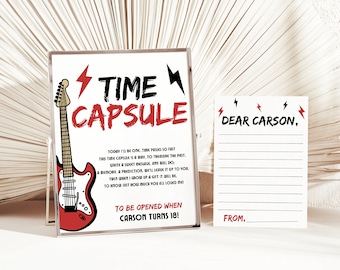 Rock and Roll 1st Birthday Time Capsule Sign, Matching Card (Template)