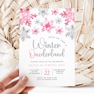 Winter Onederland Birthday Girl Invitations, Editable Pink And Silver Winter Christmas Snowflake 1st Birthday Invite, Instant Download, #WOP