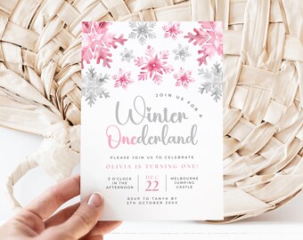 Winter Onederland Birthday Girl Invitations, Editable Pink And Silver Winter Christmas Snowflake 1st Birthday Invite, Instant Download, #WOP