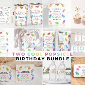 Puede incluir: Un paquete de fiesta imprimible para un segundo cumpleaños con temática de paletas de hielo. El paquete incluye un letrero de bienvenida, adornos para cupcakes, etiquetas de regalo, etiquetas para botellas de agua, etiquetas para cajas de jugo, una pancarta y un letrero imprimible. El diseño presenta una ilustración de acuarela de paletas de hielo coloridas.