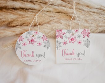 Winter Onederland Birthday Thank You Tags, Pink Snowflake Favors (Digital Download)