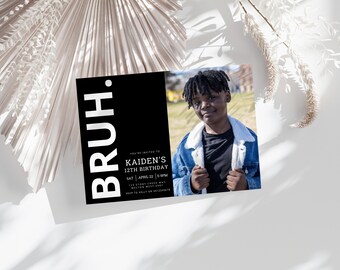 Invitación de cumpleaños para hermano, foto, blanco y negro, plantilla editable (descarga digital)
