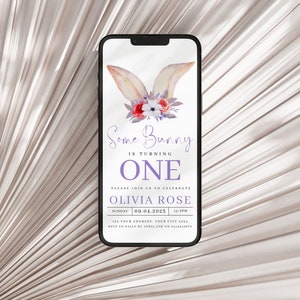 Some Bunny First Birthday Evite Purple Floral, Bunny First Birthday Evite Template For Girl, Editable Some Bunny Is One Electronic Invite
