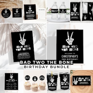 Bad Two The Bone Birthday Bundle, Black White Skeleton 2nd Party Decorations Kit, Bad Two The Bone Birthday Decor, DIY Canva Templates