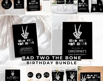 Bad Two The Bone Birthday Bundle, Black White Skeleton 2nd Party Decorations Kit, Bad Two The Bone Birthday Decor, DIY Canva Templates