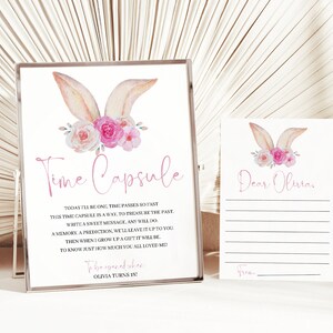 Floral Some Bunny Is One First Birthday Time Capsule Sign Template, Bunny Time Capsule Sign And With Matching Printable Message Cards, #ESB