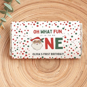 Oh What Fun It Is To Be One Chocolate Bar Wrapper, Editable Groovy Christmas Holiday 1st Birthday DIY Candy Bar Wrap Template, #OWF