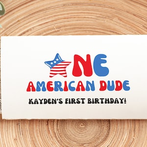 4th Of July First Birthday Chocolate Bar Wrapper Editable Template, Red White And Blue Star USA 1st Birthday Printable Party Favor, #ADJUL