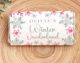 Chokladkakeomslag i Winter Onederland-stil, rosa och silver, snöflingefödelsedag (digital nedladdning)
