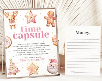 Kerst 1e verjaardag Time Capsule-bord: roze meisje-thema (bewerkbare sjabloon)